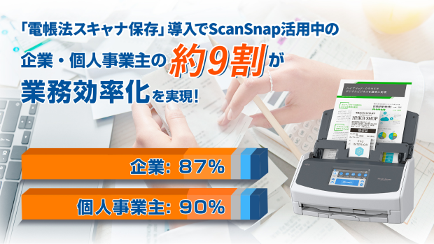 「電帳法スキャナ保存」導入でScanSnap活用中の企業・個人事業主の約9割が業務効率化を実現！【企業：87%】【個人事業主：90%】