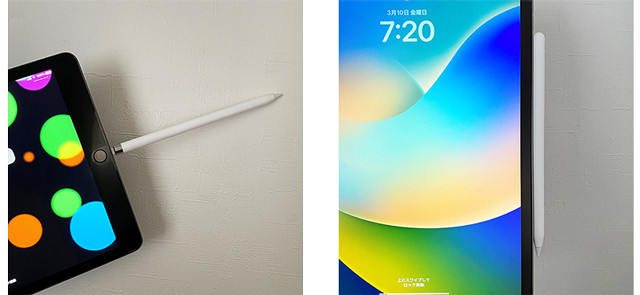 第1世代のApple Pencilのキャップを外してiPadと接続する様子。第2世代のApple PencilをiPadの側面に付ける様子。